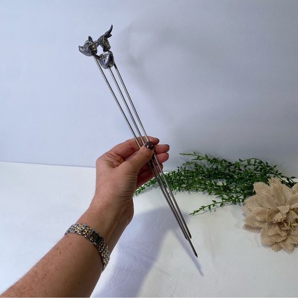 3 Vintage Metzke Pewter 1980 Pig Head Long Horn Steer Cattle 12.5" Long Skewers - Picture 7 of 10